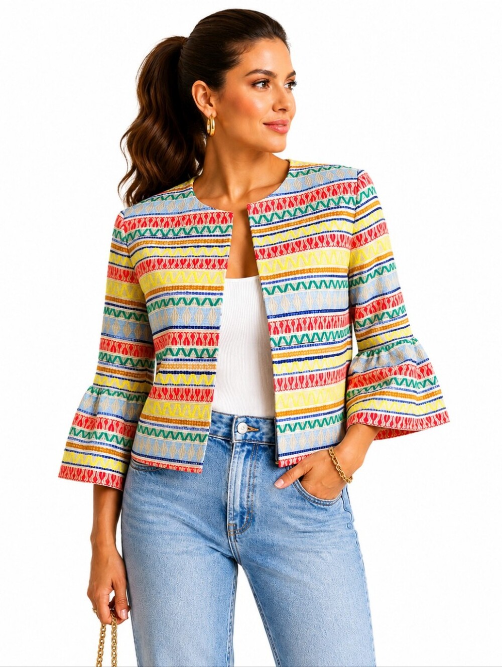 NWT $495 Alice + Olivia Multicolor Embroidered Stripe Bell Sleeve Jacket M
